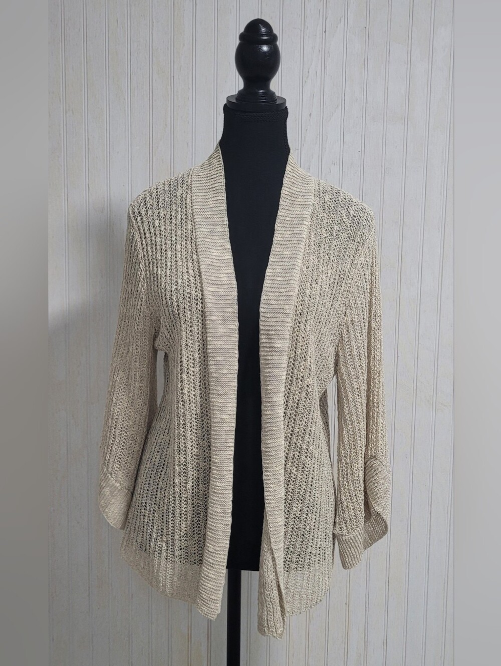 ​Eileen Fisher Linen Cotton Mesh Open Front Cardigan Beige Size Cut Off